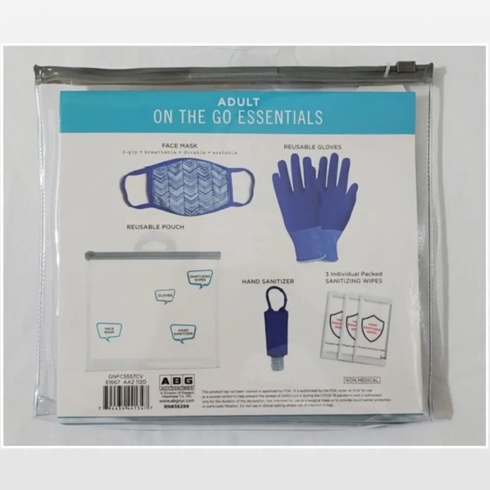 New ABG Accessories Mask Gloves Wipes Adult Travel Kit Grey White 8 Piece NWT